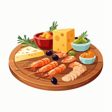 Spanische Tapas Auswahl auf rustikalem Holzbrett