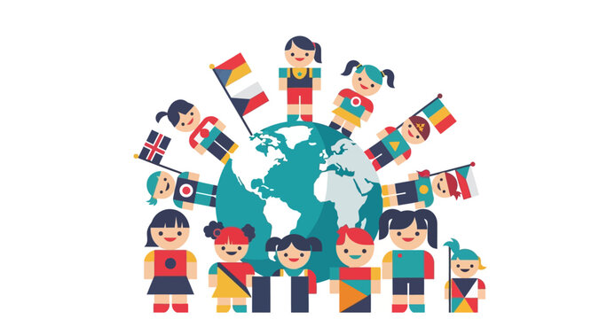 Children of the world with flags around the globe on transparent background