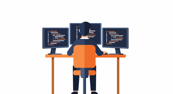 Software Developer and Programmer Coding on Triple Monitor Setup Flat Vector Illustration Isolated on White Background