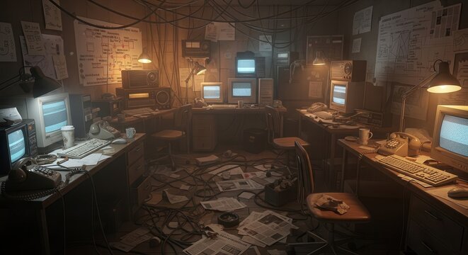 Dimly lit room filled with vintage computer equipment and scattered documents creates an atmosphere of mystery and intense research.