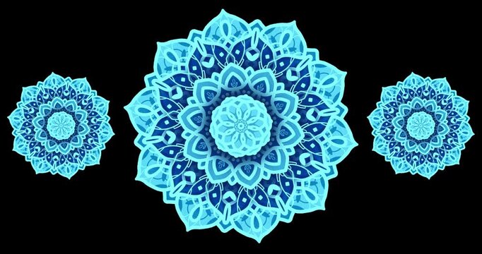 Seamless loop of slow rotating dynamic blue Islamic mandala ornament for Idul Fitri, Idul Adha, and Ramadan festival with transparent background for motion graphics.