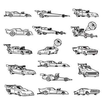 Drag racing cars in a hand-drawn line art style for automotive design and speed concepts