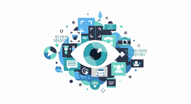 Computer Vision and Artificial Intelligence Concept Illustration with Eye and Digital Data Icons for Image Recognition and Smart Technology Systems