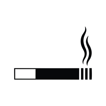 Black and white icon of a burning cigarette with rising smoke isolated on transparent background