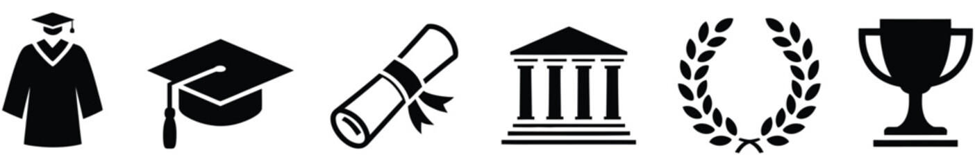 Obraz premium Graduation icons set, education symbols including graduate cap diploma scroll university building laurel wreath and trophy cup clean vector illustration.