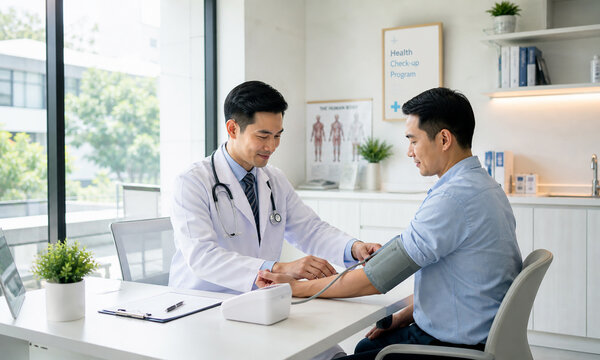 Friendly doctor checking patient blood pressure in modern clinic, symbolizing routine health check, medical care, and professional healthcare service.