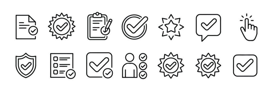 Checkmark thin line icon set containing checked tick checkbox validation confirmation done completed approve yes correct right verify accept ok success agree exam and survey concept vector.