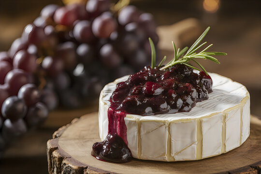 Delicious brie cheese wheel topped with berry jam and fresh rosemary sprig