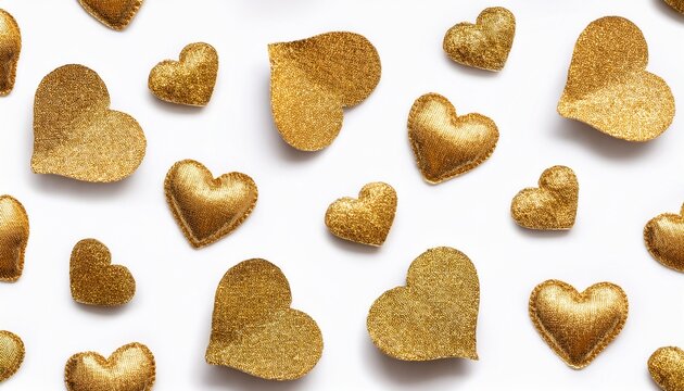 glamorous seamless pattern of scattered gold glitter hearts on a clean white background for luxurious packaging fabrics and stationery