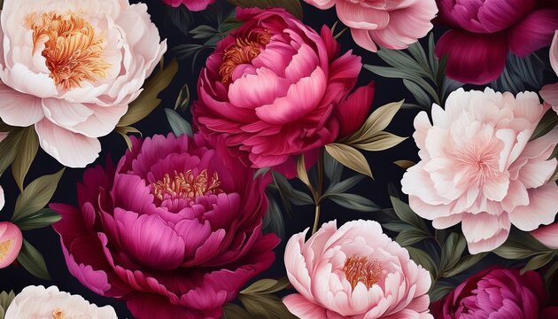 lush painterly seamless pattern of deep magenta blush pink and creamy white peonies on a dark background for luxurious fabrics wallpapers or elegant packaging