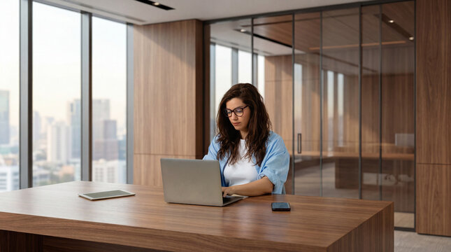 Business woman typing on laptop at modern office desk