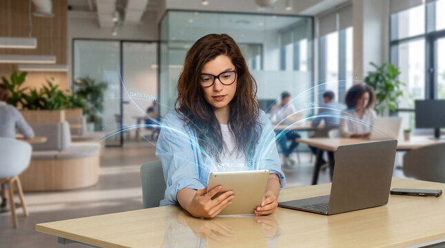 Business woman using tablet with data flow interface in modern office workspace