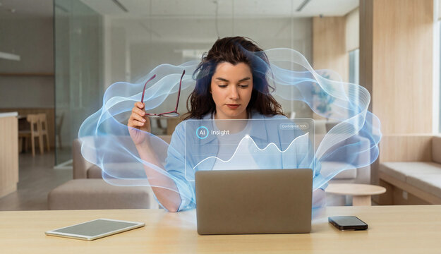 AI insight interface viewed by business woman working on laptop in modern office