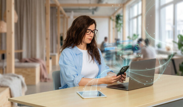Connected business woman using smartphone linked to laptop with digital sync interface