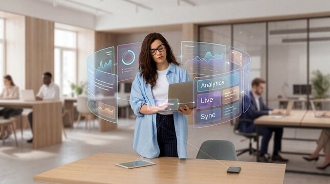 Data analyst woman interacting with digital dashboards on laptop in modern office