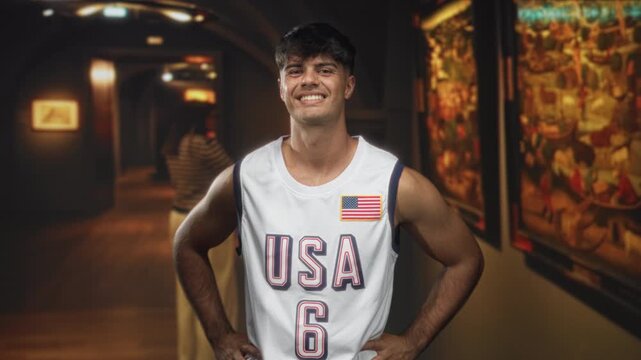 Young hispanic man in usa basketball jersey number 6 hands on hips in museum building smiling and posing for camera; confident pride.