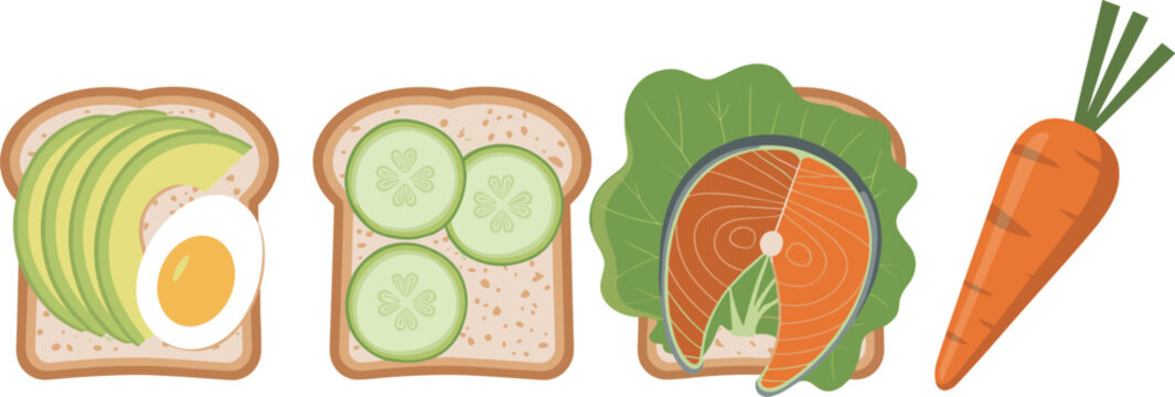 Healthy food breakfast toast set with avocado and boiled egg, cucumber slices, salmon fillet with lettuce, and a fresh orange carrot isolated on white background.
