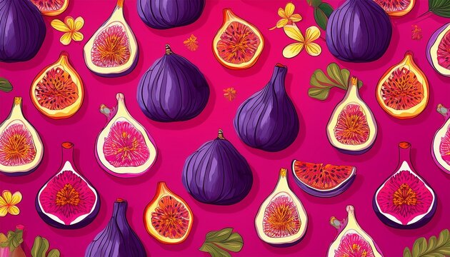 vibrant exotic seamless pattern with figs passion fruit and bright flowers on a magenta background for bold fashion textiles and modern branding
