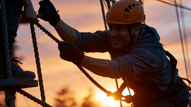 Startup team building ropes course at golden hour, one teammate reaching down from a platform to pull another up, trust and effort made visual, perfect for leadership training, team dynamics, and co
