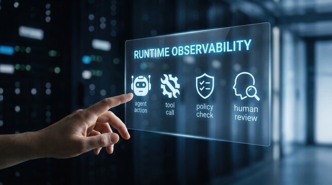 AI-native business - Close-up of a hand interacting with a runtime observability panel, displaying live AI operations and actions for enhanced visibility and monitoring.