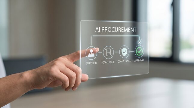 AI-native business - Close-up of a human hand choosing a verified supplier on an AI-powered procurement interface, illustrating digital B2B buying in business.