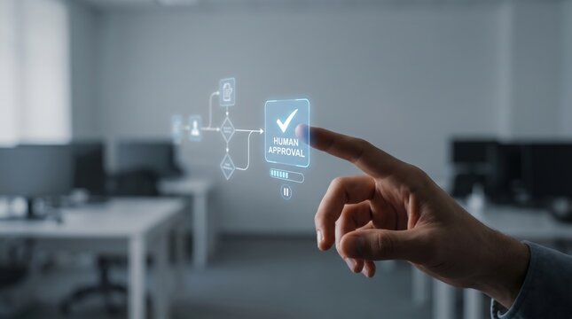 AI-native business - A human hand interacts with a floating approval checkpoint in an AI workflow, highlighting human oversight in artificial intelligence processes.