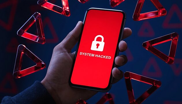 Hand holding smartphone with system hacked warning and red triangles