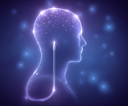 Neural Interface: A glowing fiber optic cable connects to the brain, symbolizing advanced neurotechnology.