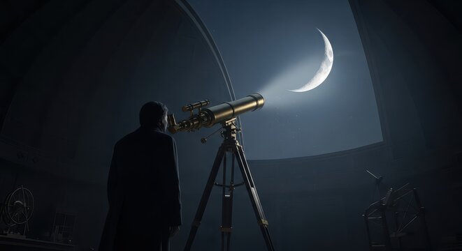 Astronomer looks through a telescope at the crescent moon from inside a dark observatory.