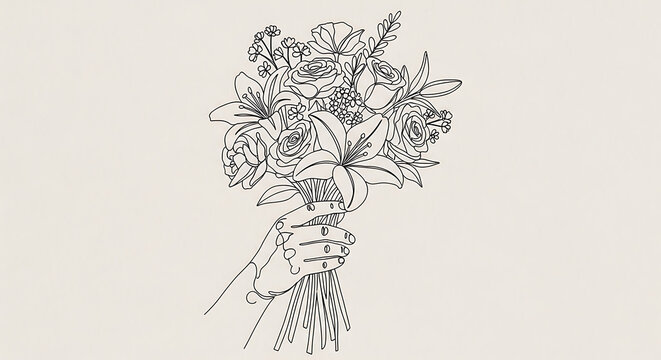 Continuous line drawing of a hand holding a bouquet of flowers, floral art