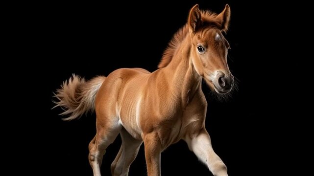 A beautiful portrait of a black Arabian stallion with a flowing mane, featuring a majestic equine face and dark eye isolated on a clean white background