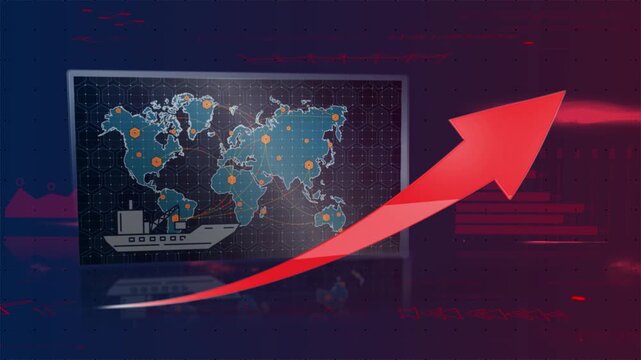 2D motion graphics concept of global oil market trends featuring a world map, cargo tanker ship, and a rising financial arrow. Minimalist flat design representing rising energy costs, global trade 