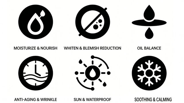The water drop, clock and snowflake icons represent the core skin care effects of skin care products such as moisturizing and spot lightening, anti-aging, sunscreen, soothing and balancing.

