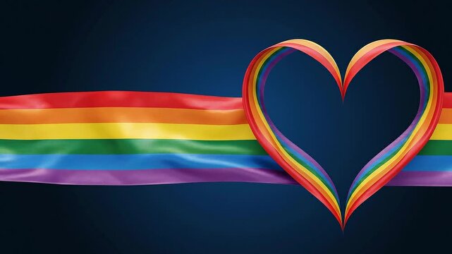 ainbow pride ribbons form a heart over a waving flag on a dark blue background, symbolizing Pride Month, LGBTQ love, equality, inclusion, diversity, and community support