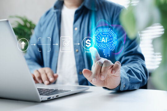 Business professional using laptop with AI invoice processing system interface, financial data automated payment workflow, digital billing, smart document approval and cloud accounting technology