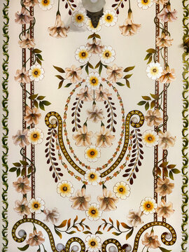 Classic floral and ornamental texture in random colorful swirls pattern. With wall molding and trimming. Baroque European classic graphic background. Seamless background texture