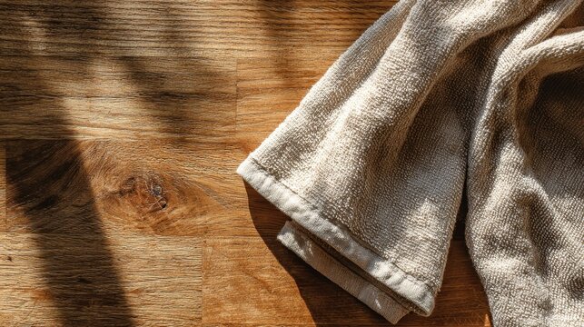 Top-down view of a rustic wooden kitchen counter with a folded towel and napkin texture