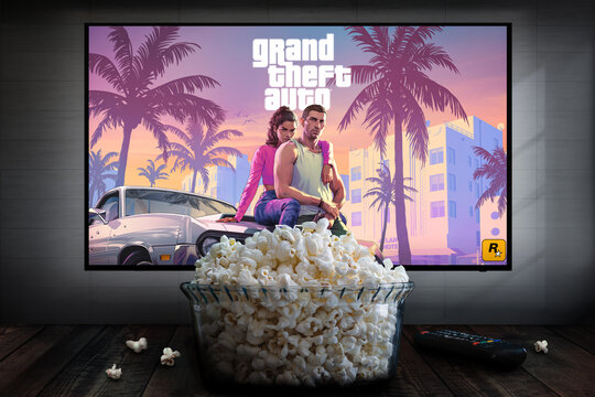 Cali, Colombia - May 4 2026: Popcorn and TV displaying Grand Theft Auto VI artwork