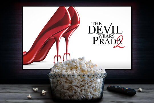 Cali, Colombia - May 4 2026: Popcorn and TV showing The Devil Wears Prada 2