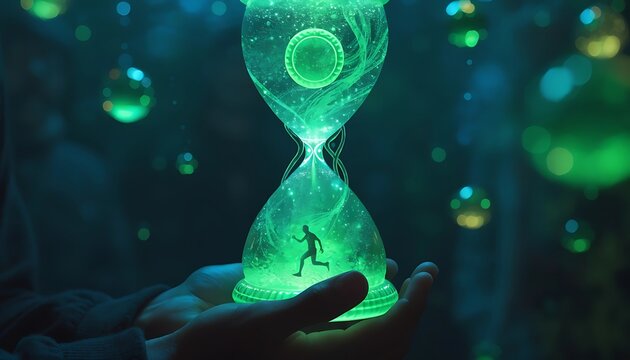Glowing green hourglass with a running person inside