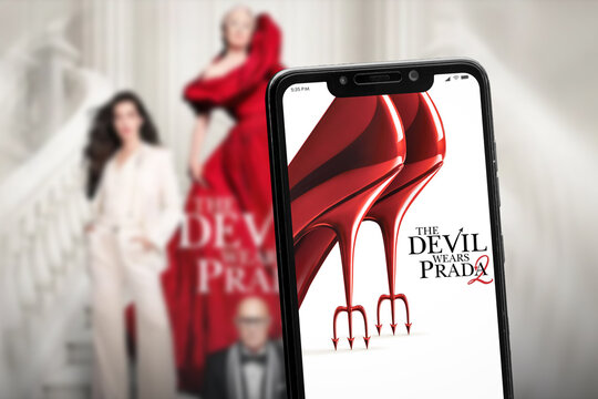 Cali, Colombia - May 4 2026: Smartphone showing The Devil Wears Prada poster with red heel