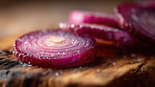 Translucent rings of a red onion slice in warm kitchen light