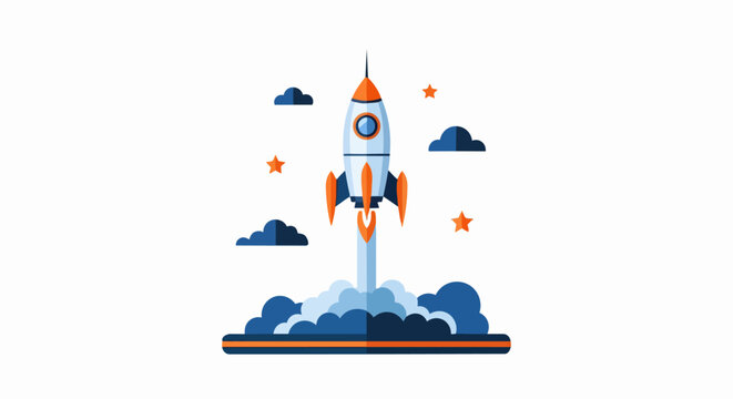 Rocket Launch Illustration - Flat Design Vector Space Ship Taking Off with Clouds and Stars - Conceptual Symbol for Business Startup Growth, Success, and Innovation