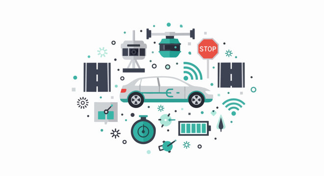 Autonomous Electric Car with Smart City Technology and Infrastructure Concept Illustration for Future Mobility and IoT