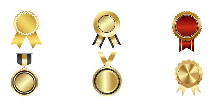 Shiny gold award badges, seals, and medals set on an elegant black background, representing quality
