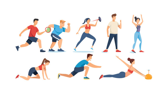 Set of funny people performing sports activities, fitness workout or playing games. Bundle of training or exercising men and women isolated on white background. Flat cartoon vector illustration. icon