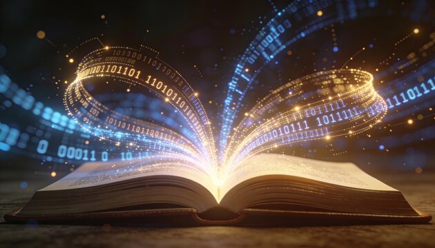 Open Book Emanating Digital Data Streams and Binary Code, Symbolizing Knowledge Transformation in a Dark, Mysterious Abstract Space