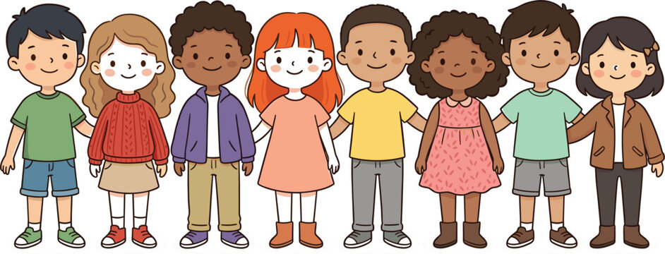 Diverse group of children standing together, multicultural kids illustration with different ethnicities, friendship, unity, and inclusion concept in cute cartoon style