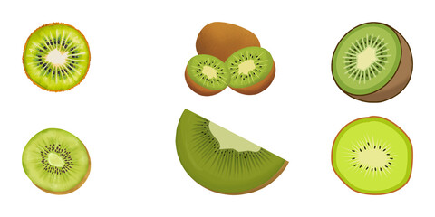 Fototapeta premium Collection of Fresh Kiwifruit Illustrations, Whole, Halved, and Sliced Pieces on Black Background
