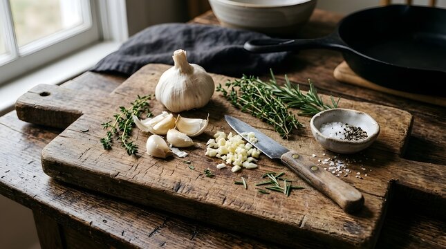 Garlic cloves and herbs on a rustic wooden cutting board with a knife and small bowl of spices in a kitchen setting with natural light